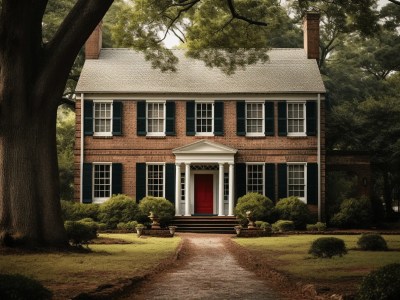 Red Door Is In Front Of White Brick House