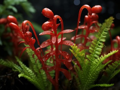 Red Fern With A Small Pond Or Waterfall