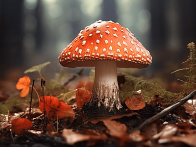 Red Mushroom Grows Among Leaves And Trees