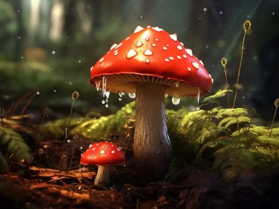 Red Mushrooms In A Background With Rain Drops