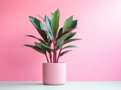 Red Plant In A Plastic Pot At A Pink Background