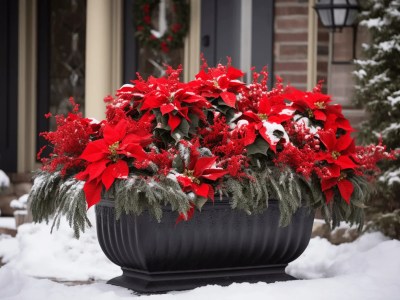 Red Poinsettia Planter Sits Outside A Front Door