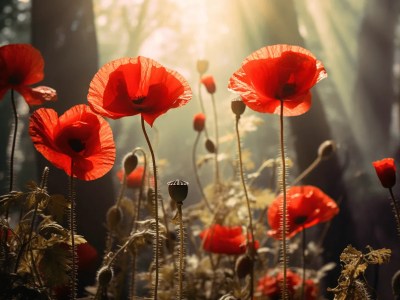 Red Poppy Flowers In A Forest With Sun In The Background