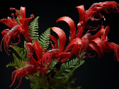 Red Vase With Tropical Ferns And Red Flowers In It.