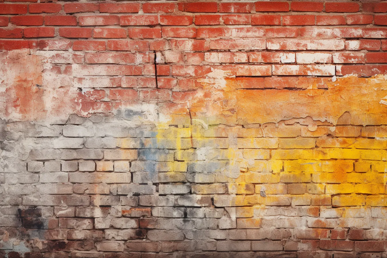 Old brick wall with paint on it, light red and yellow, dark orange and light gray, graffiti-inspired, subtle color gradations, multilayered, contrasting