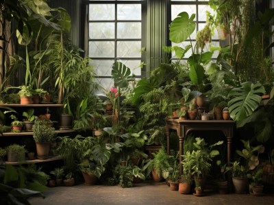 Room Filled With Large Potted Plants With A Window