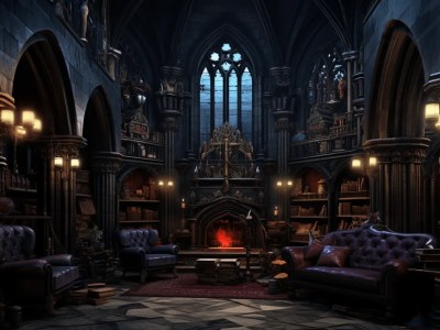 Room In A Gothic Castle With Bookshelves And Fire