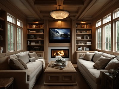 Room Of Couches In A Living Room With A Fireplace And Bookshelves