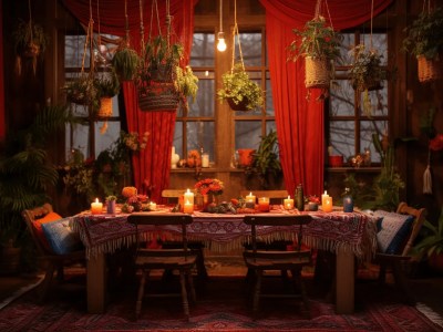 Room With A Red Drape Over The Dining Room Table