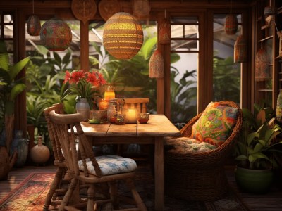 Room With A Table And Chairs And Plants