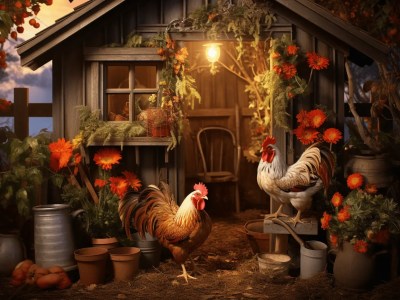 Rooster In An Outside Barn With Potted Plants In The Garden