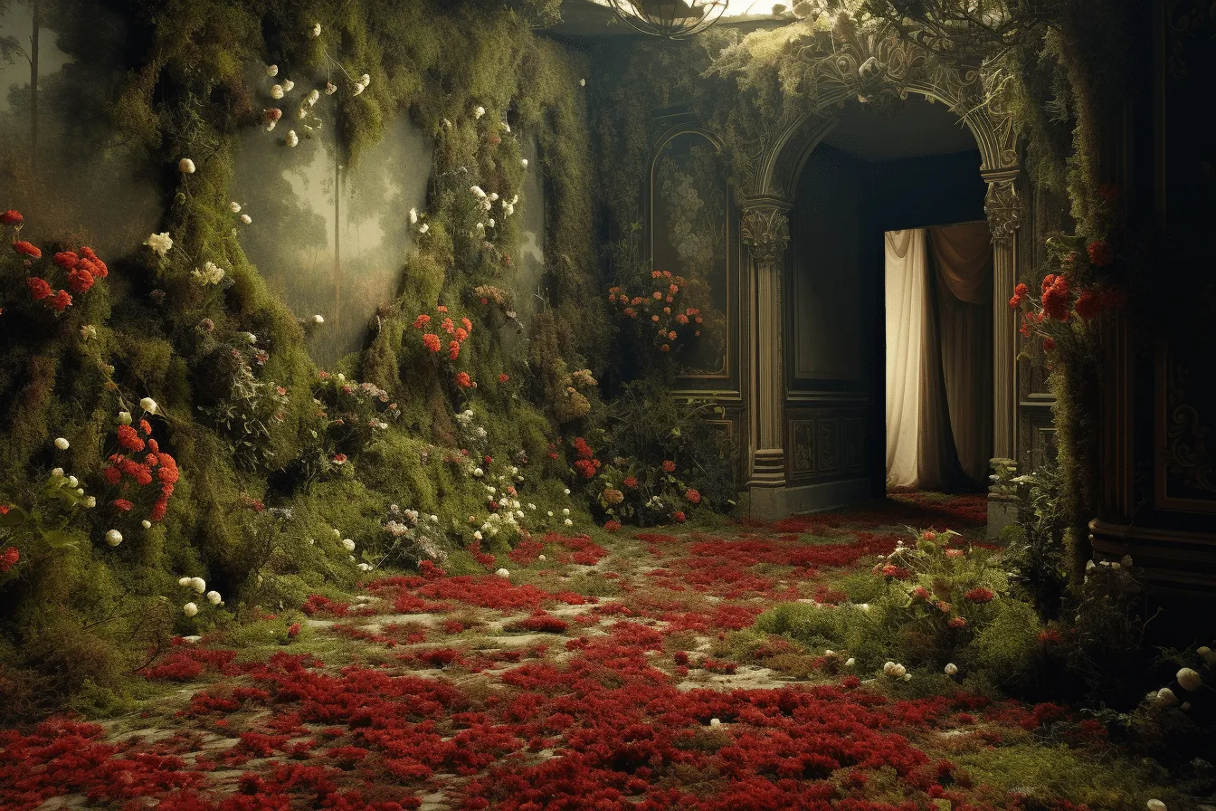 Moss covered room filled with flowers and greenery, photorealistic surrealism, red and beige, barroco, moody and tranquil scenes, grandiloquent landscapes, fairycore, matte painting