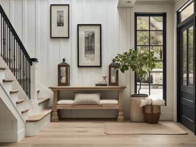 Rustic Entry Way With Black Stair Railing And Wood Flooring