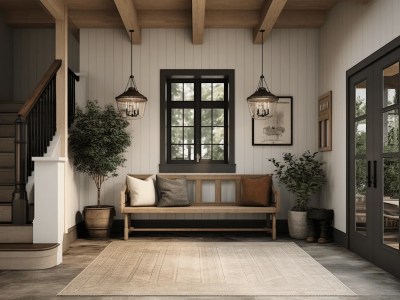 Rustic Entryway With Bench, Stairs And Windows