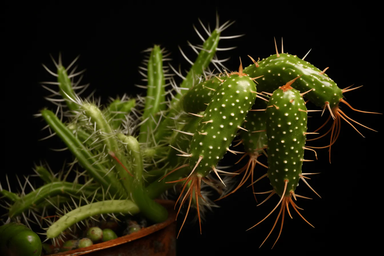 Black background with red cactus, paleocore, close up