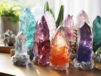 Several Colorful Stone Crystals Sitting At A Table