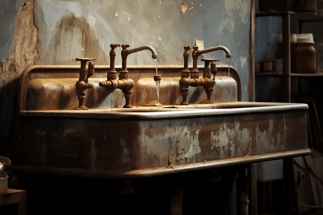 Sink has two faucets that are out of alignment, vintage sepia-toned photography, industrial decay, selective focus, dark amber and gray, lively tableaus, exquisite craftsmanship, rural america