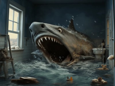 Shark Has It'S Mouth Open Inside An Old Bathroom