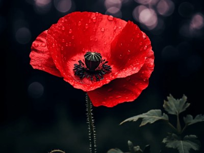 Single Red Poppy In Front Of Dark Background With Water Drops In The Shape Of Water Drops