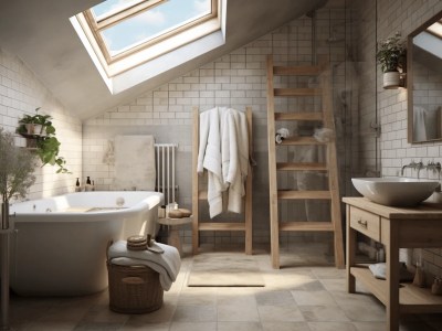 Small Bathroom In An Attic With A Wooden Ladder