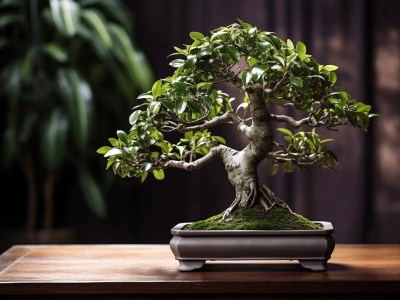 Small Bonsai Tree Is Sitting On Top Of A Table