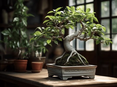 Small Bonsai Tree On A Wooden Table