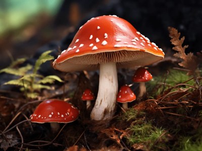 Small Group Of Red And White Mushrooms