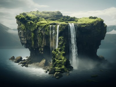 Small Island Featuring A Waterfall And A Raccoon