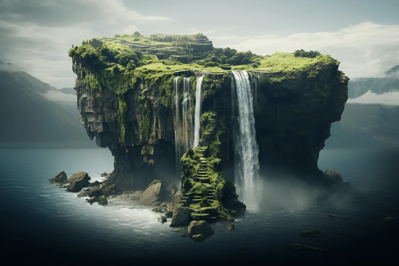 Large waterfall sitting in the middle of the ocean, matte painting, pastoral landscapes, vray tracing, leica m10, delicately rendered landscapes, adventure themed, light black and green