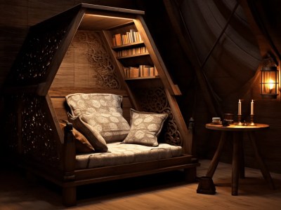 Sofa In A Bookcase With A Lamp On It