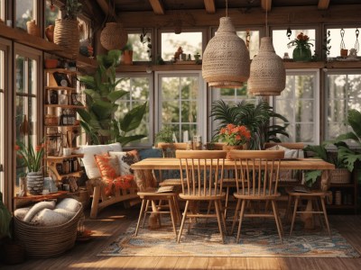 Solar House Dining Room With A Wooden Floor, Plants, A Table, And Chairs