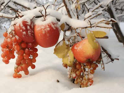 Some Apples Are Hanging Off A Bunch Of Trees In The Snow