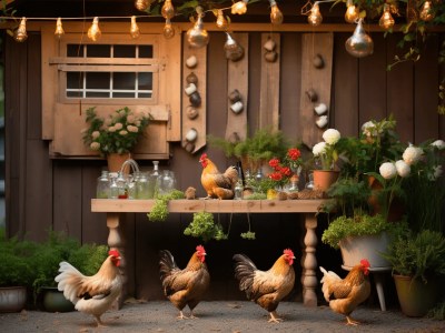 Some Chickens Are Standing Around A Table With Plants