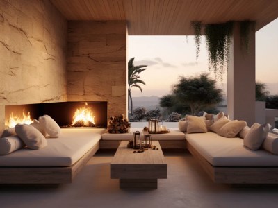 Some Sofas With Fire And Fire Place In The Outdoor Space Of Home