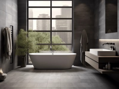 Spacious Bathroom With A Modern Bathtub And A View Of A Window