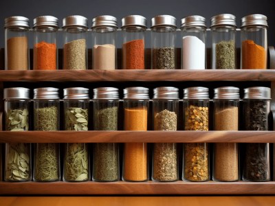 Spice Rack Filled With Herbal And Traditional Spices