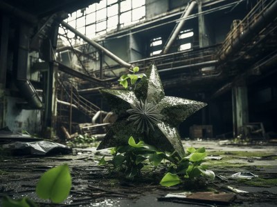 Star Sculpture In An Abandoned Building With Green Vegetation