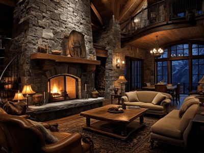 Stone Fireplace In A Living Room At Night