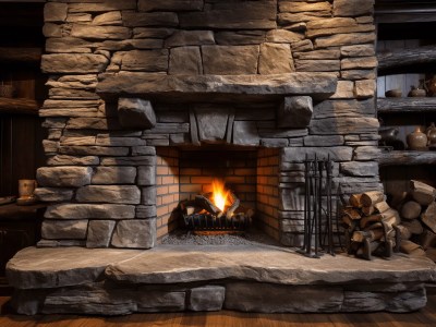 Stone Fireplace Is Filled With Logs And Has A Fire Burning