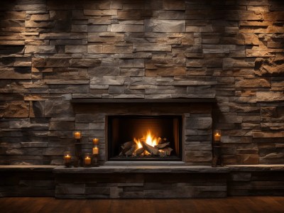 Stone Fireplace Wall With A Lit Log Burning Beside It