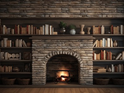 Stone Fireplace With Books On The Shelf 3D Rendered Stock Photo