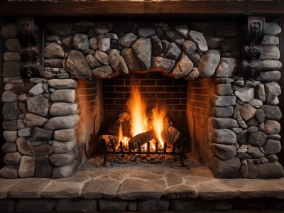 Stone Fireplace, With Embers And A Fire Burning