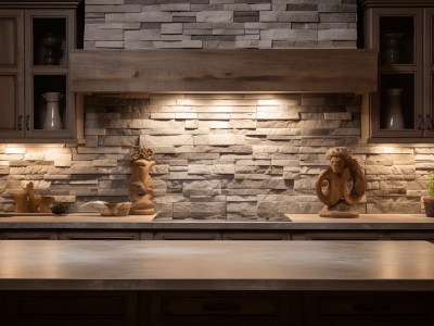 Stone Kitchen With Lighting Shining Over An Island