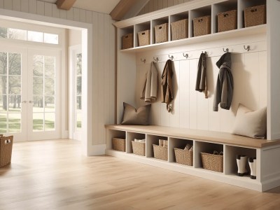 Storage Mudroom With Wooden Tables And Baskets