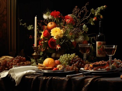 Table Filled With Food, Wine And Flowers