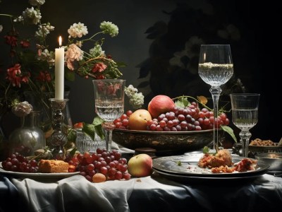 Table Is Set With Various Fruit, Plates, And Candles