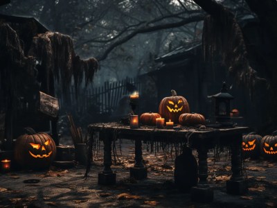 Table With Carved Pumpkins And Candles In A Dark Space