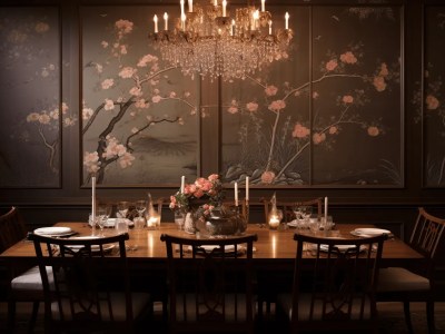 Table With Flowers And A Chandelier Sits On It