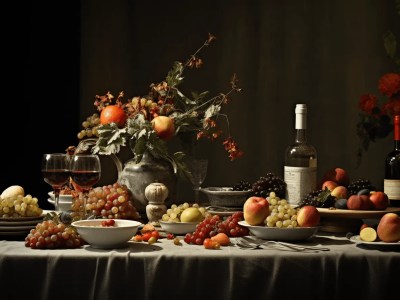 Table With Some Plates, Fruit, Water And Wine