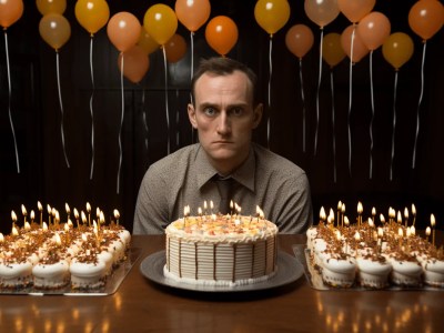 Tall Man In Front Of A Birthday Cake With Candlelit Candles